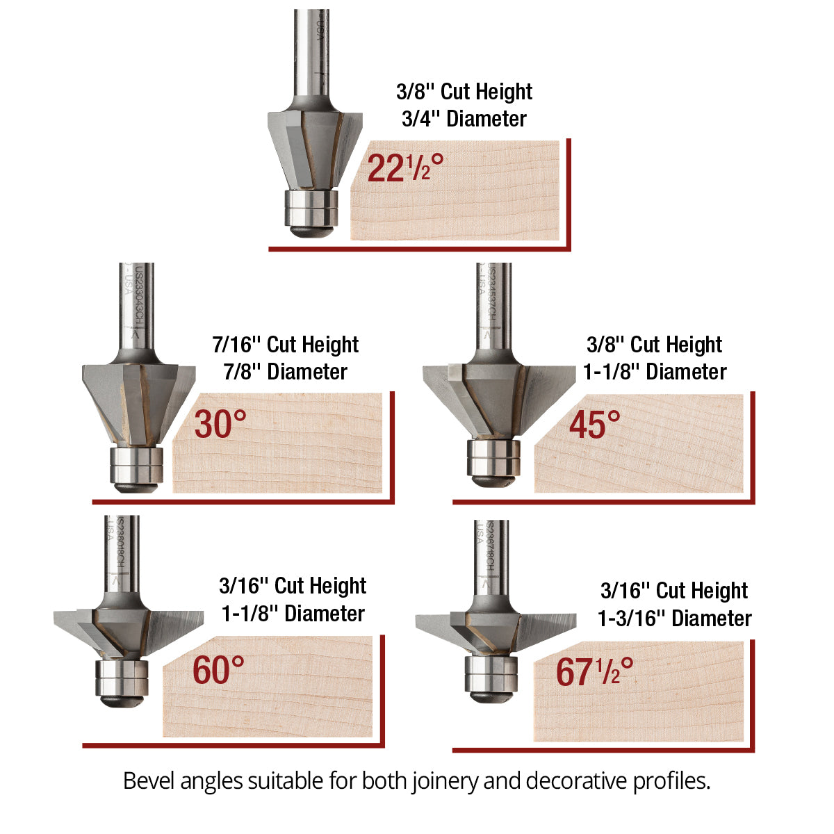 Carbide Tipped Double Bearing Chamfer Bit, 2-Flute and 3-Flute, 1/4" Shank