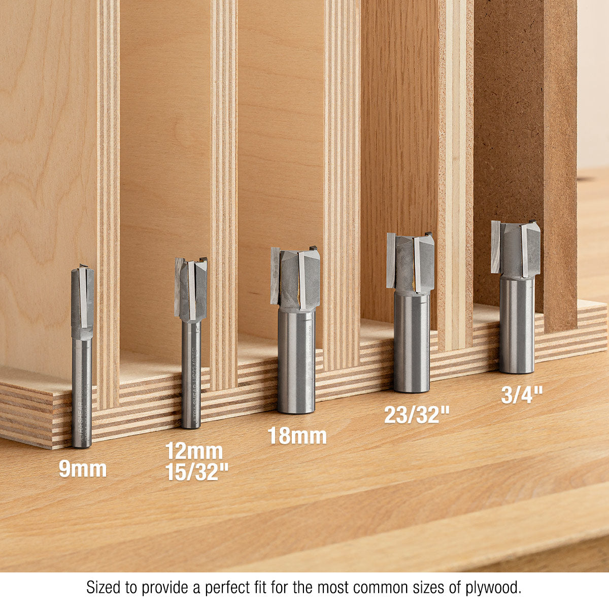 Carbide-Tipped Plywood bits in 9mm, 15/32", 18mm, 23/32" and 3/4". 