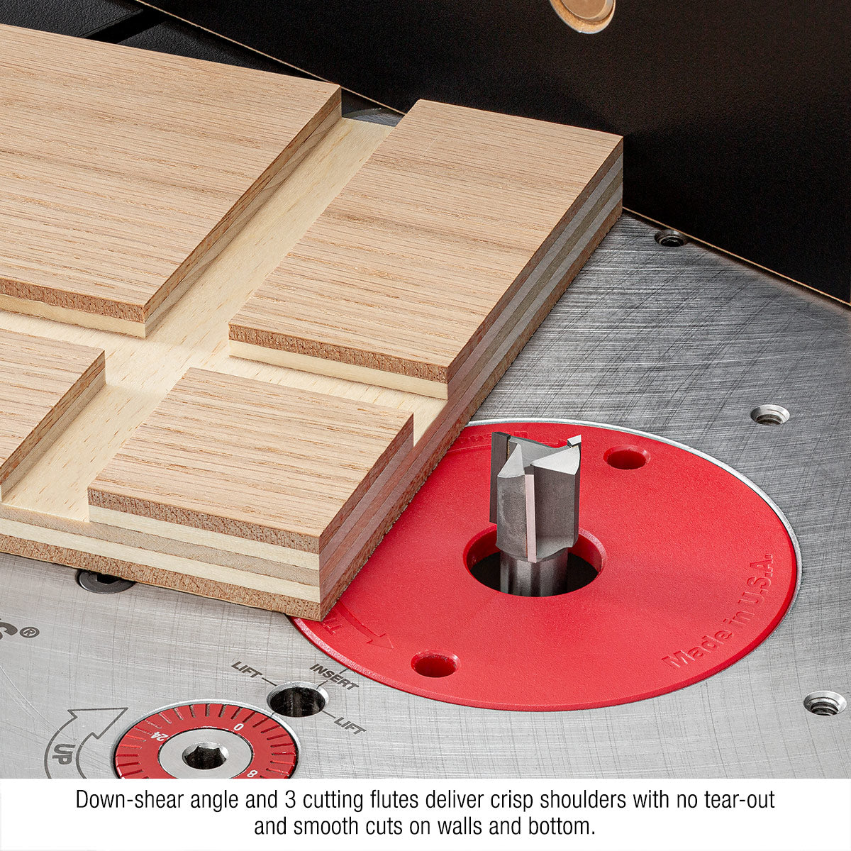 18mm Carbide-Tipped Plywood bit in router table with sample of finished cuts in oak veneer plywood. 