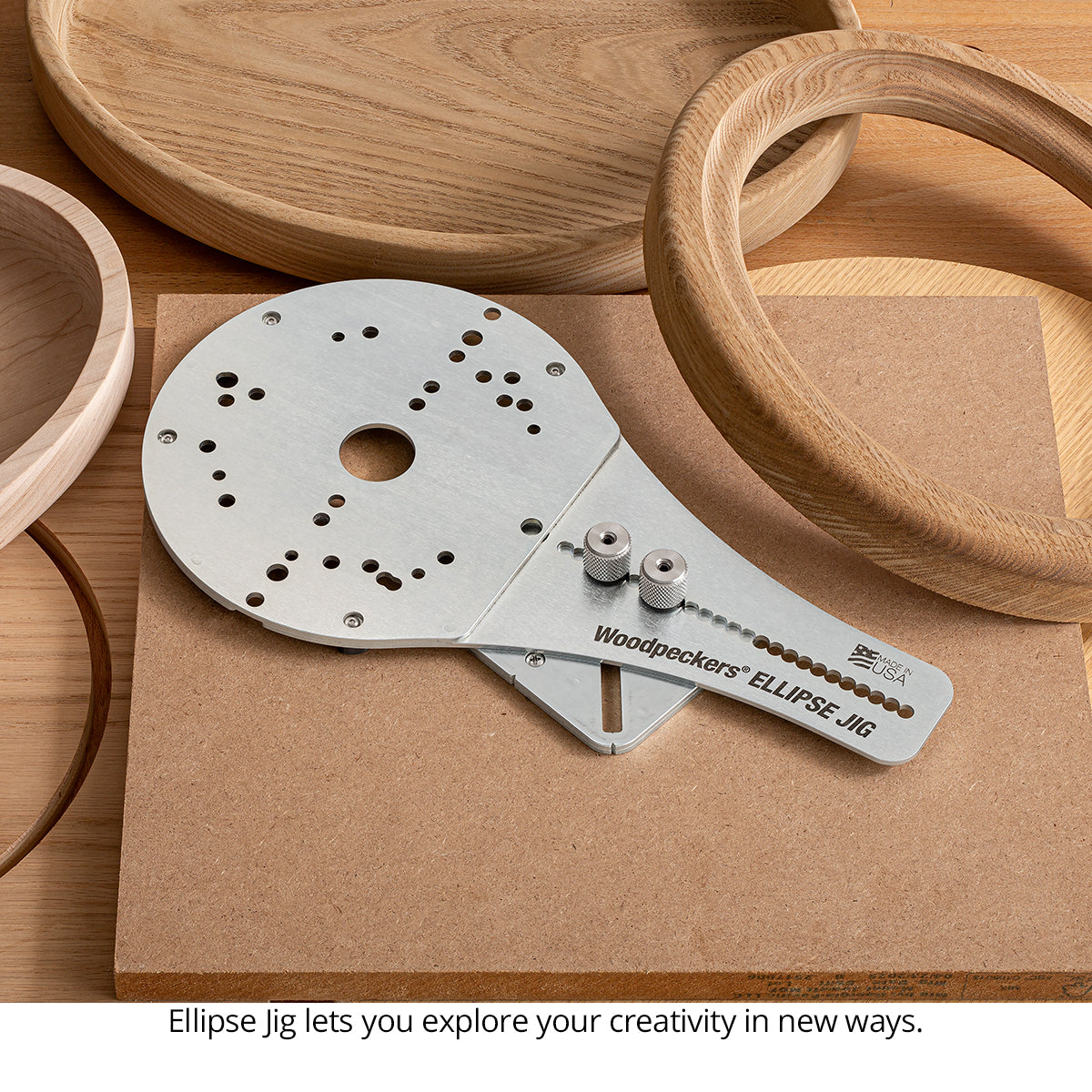 Ellipse Jig shown with finished samples of elliptical projects. 