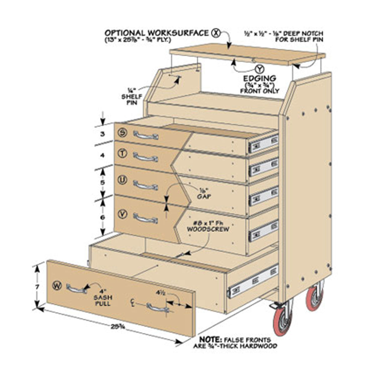 Woodsmith Slant-Front Tool Cart Standard Plan & Premium Shop Drawings
