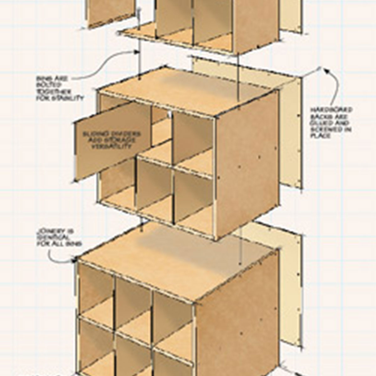 Woodsmith Stacking Cutoff Bins Plan