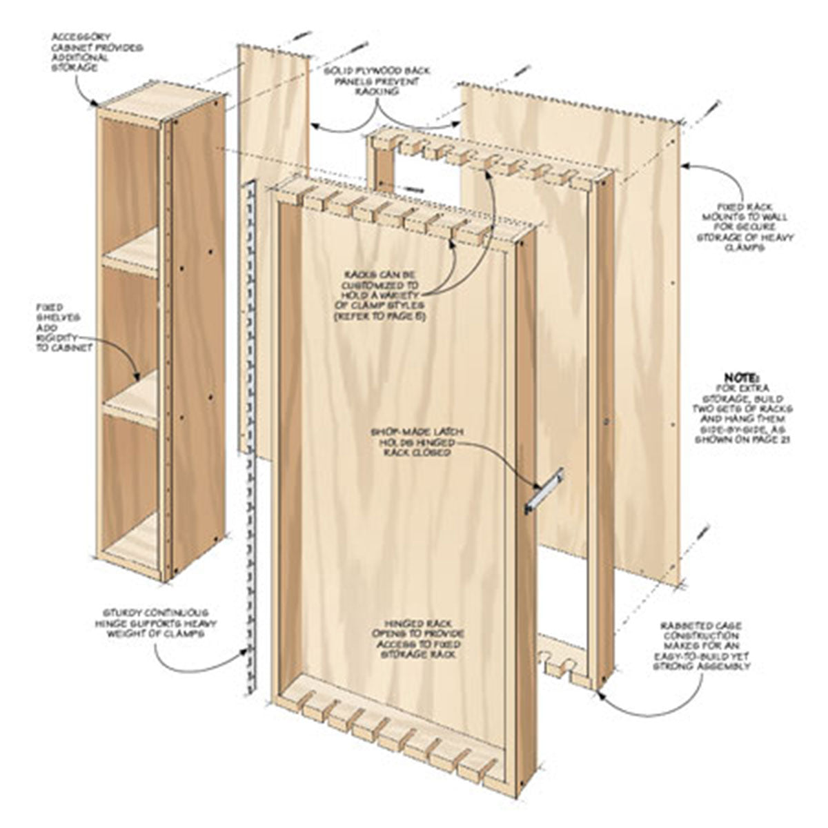 Woodsmith Wall-Mounted Clamp Rack Standard Plan & Premium Shop Drawings