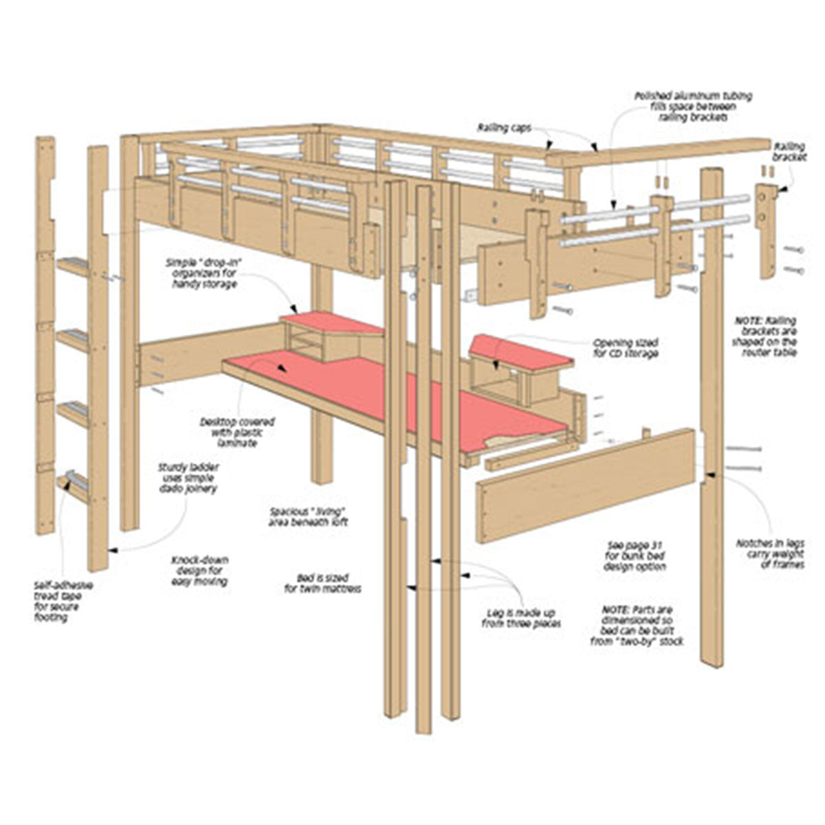 Woodsmith Space-Saving Loft Bed Standard Plan & Premium Shop Drawings