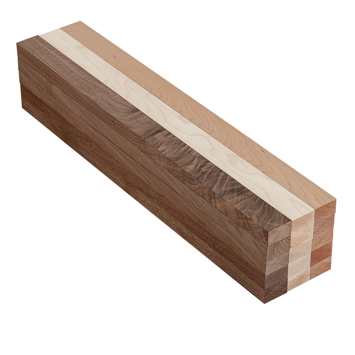Wooden cutting board strip kit with maple, walnut, and cherry strips on a white background.