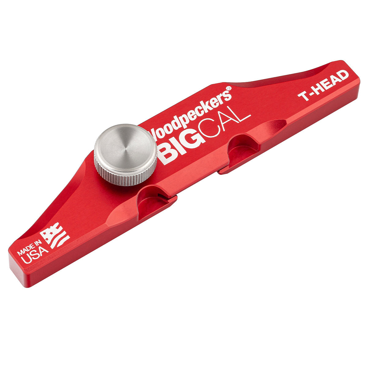 Red T-Head attachment with silver knob labeled 'Woodpeckers BigCal' on a white background.