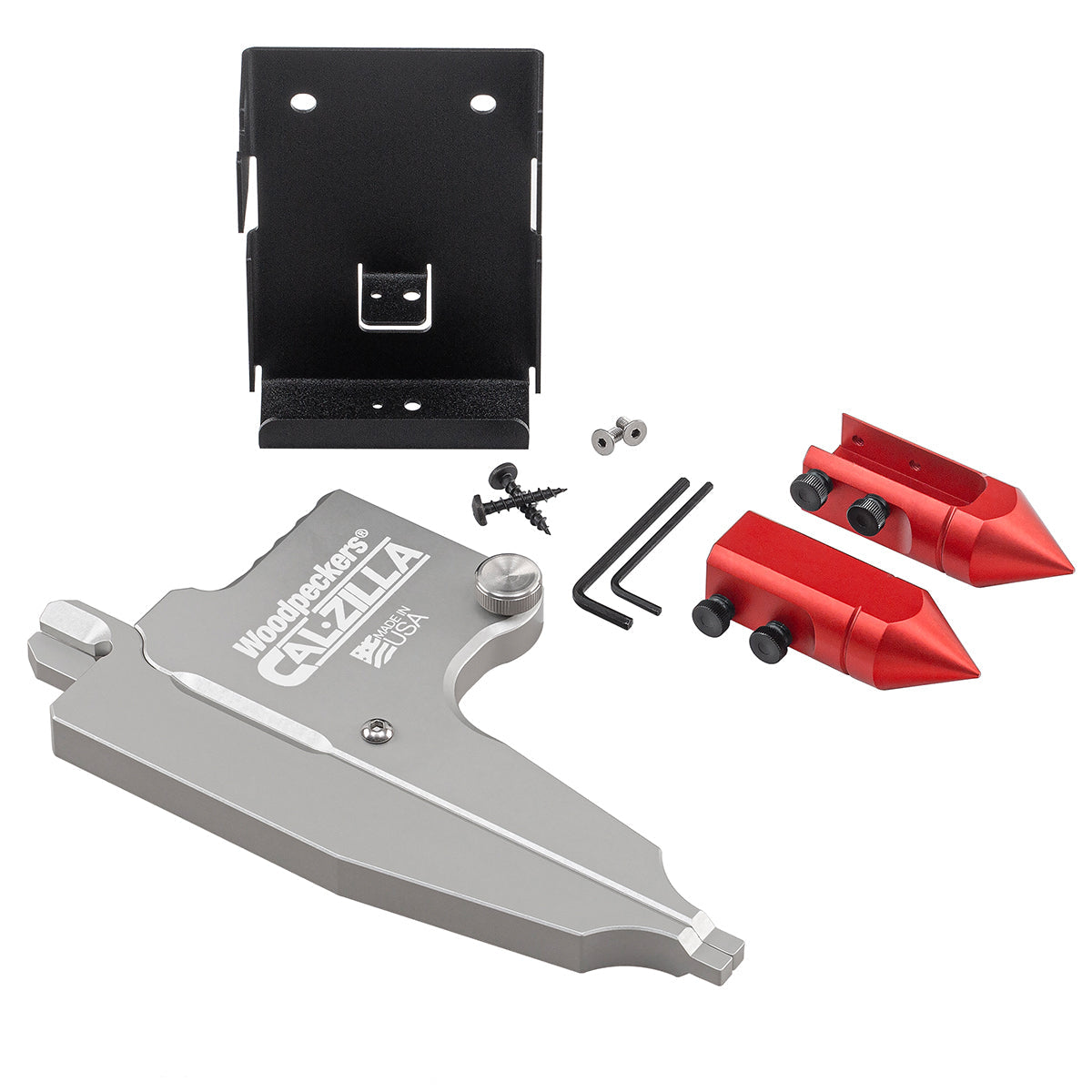 CalZILLA attachment set with CALZILLA-HO head, hole center attachment set, and rack-it on a white background.