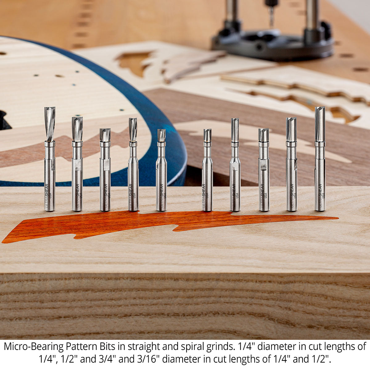 Micro Bearing Pattern Router Bits - Straight or Spiral - 1/4 Shank - Carbide Head
