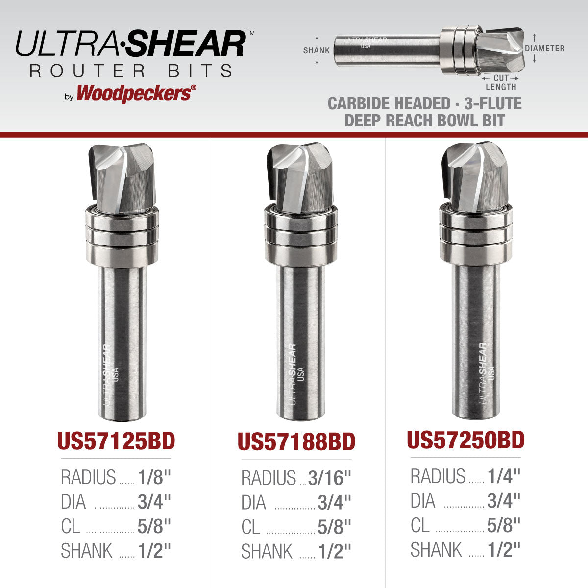 Deep Reach Bowl Router Bits - Carbide Head - 3-Flute
