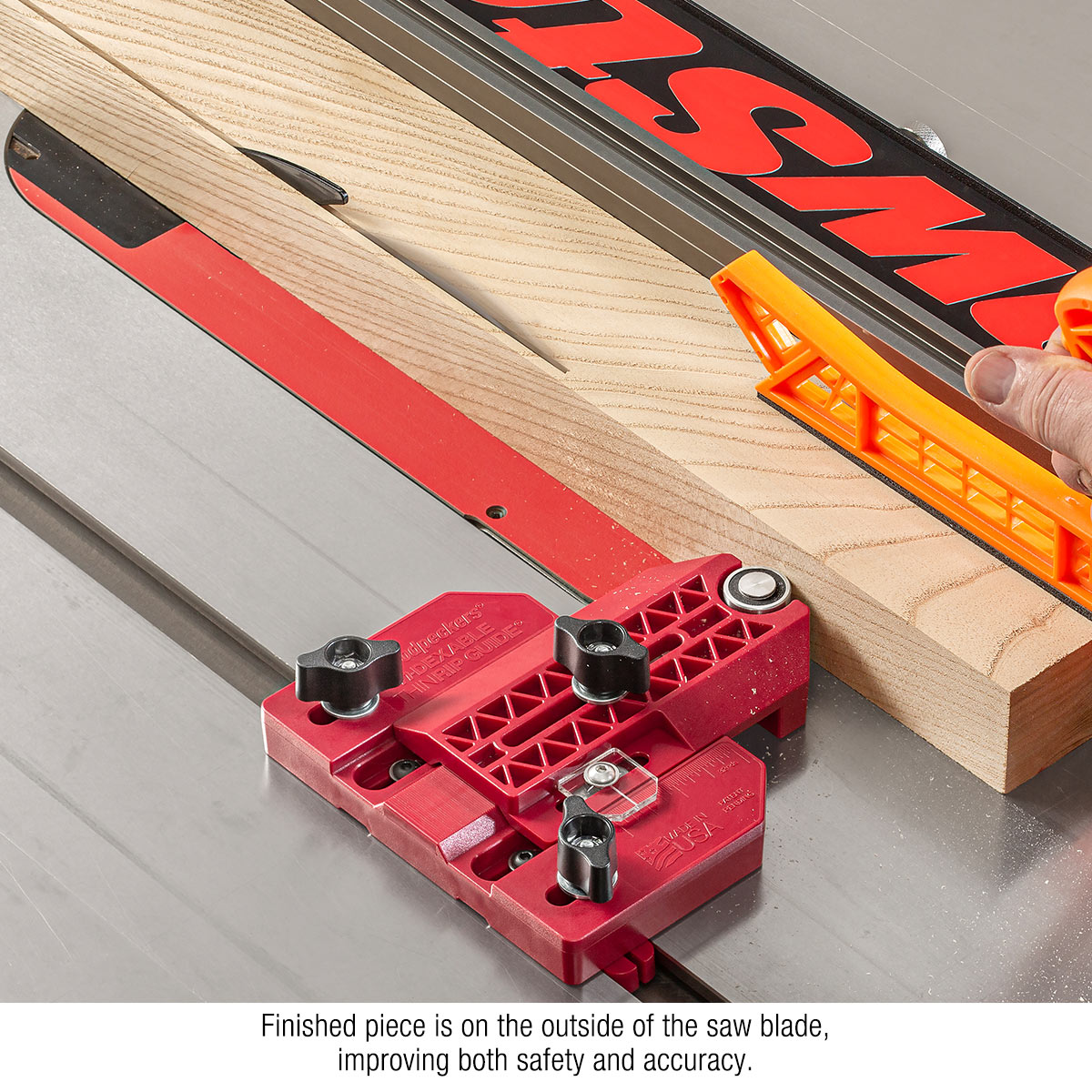 inDEXABLE ThinRip in use on table saw. Thin piece on outside of blade.