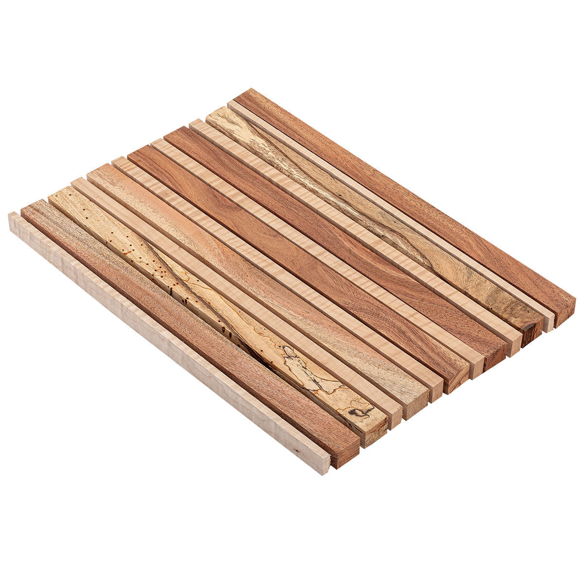 Wooden cutting board strip kit with different wood types on a white background
