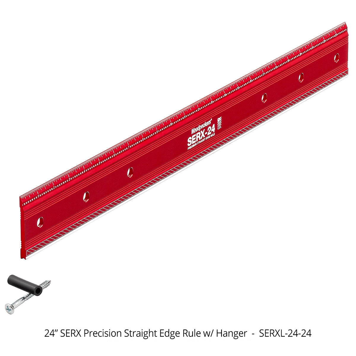 Red precision straight edge rule with hanger on a white background
