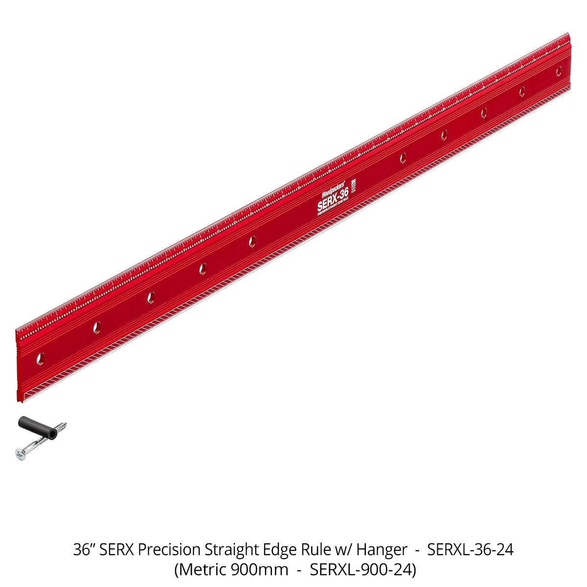 Red SERX precision straight edge rule with hanger on a white background
