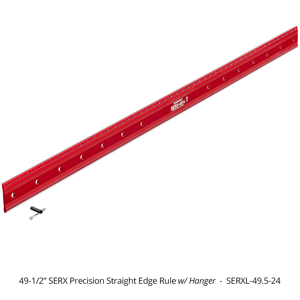 Red SERX precision straight edge rule with hanger on a white background