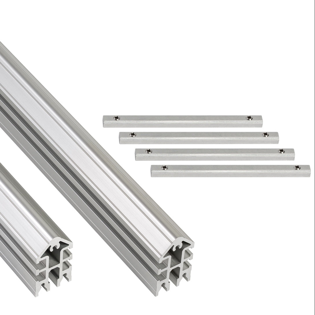 Aluminum rail system with extension kit on a white background