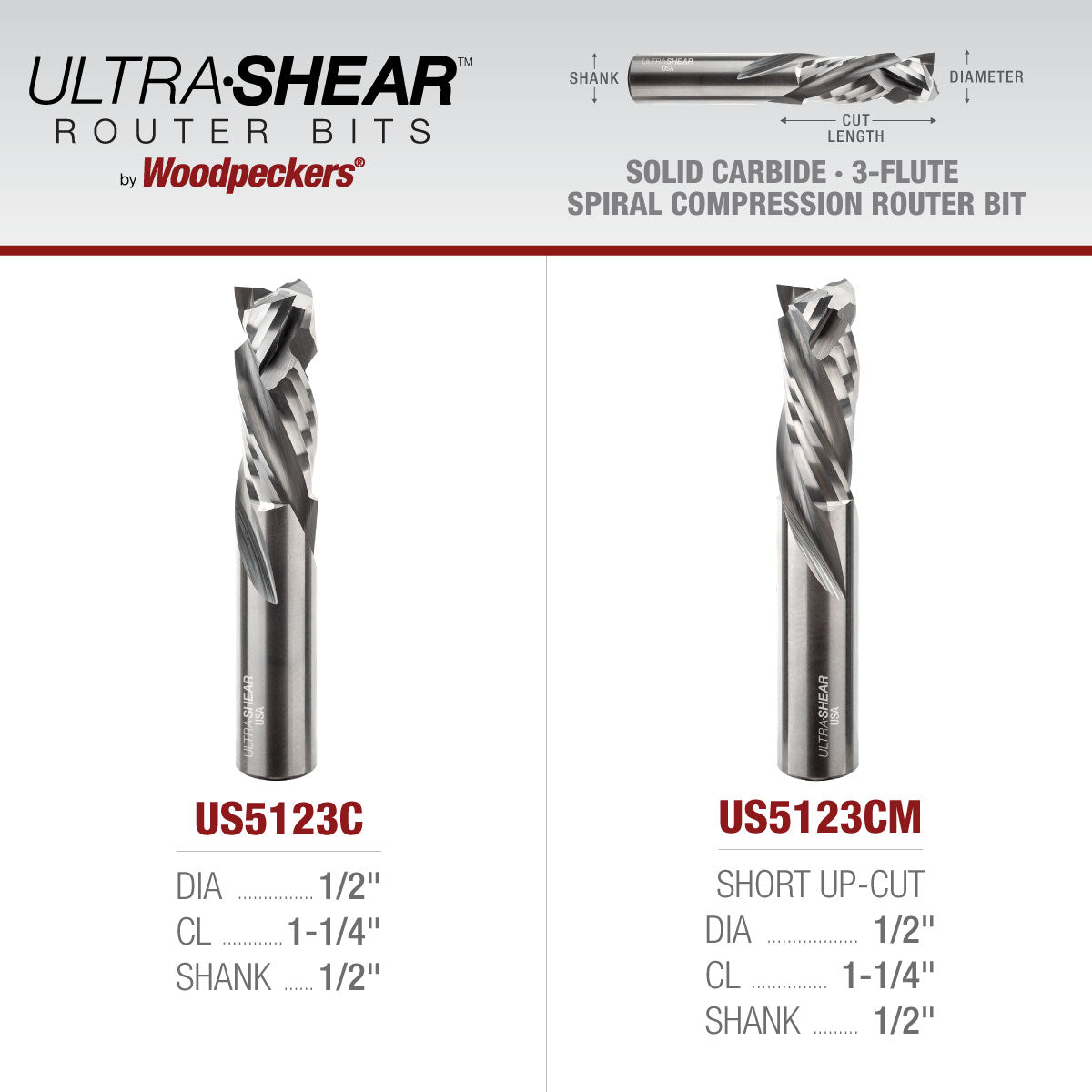 Compression CNC Router Bits - 1/2 Shank - Solid Carbide - 3 Flute