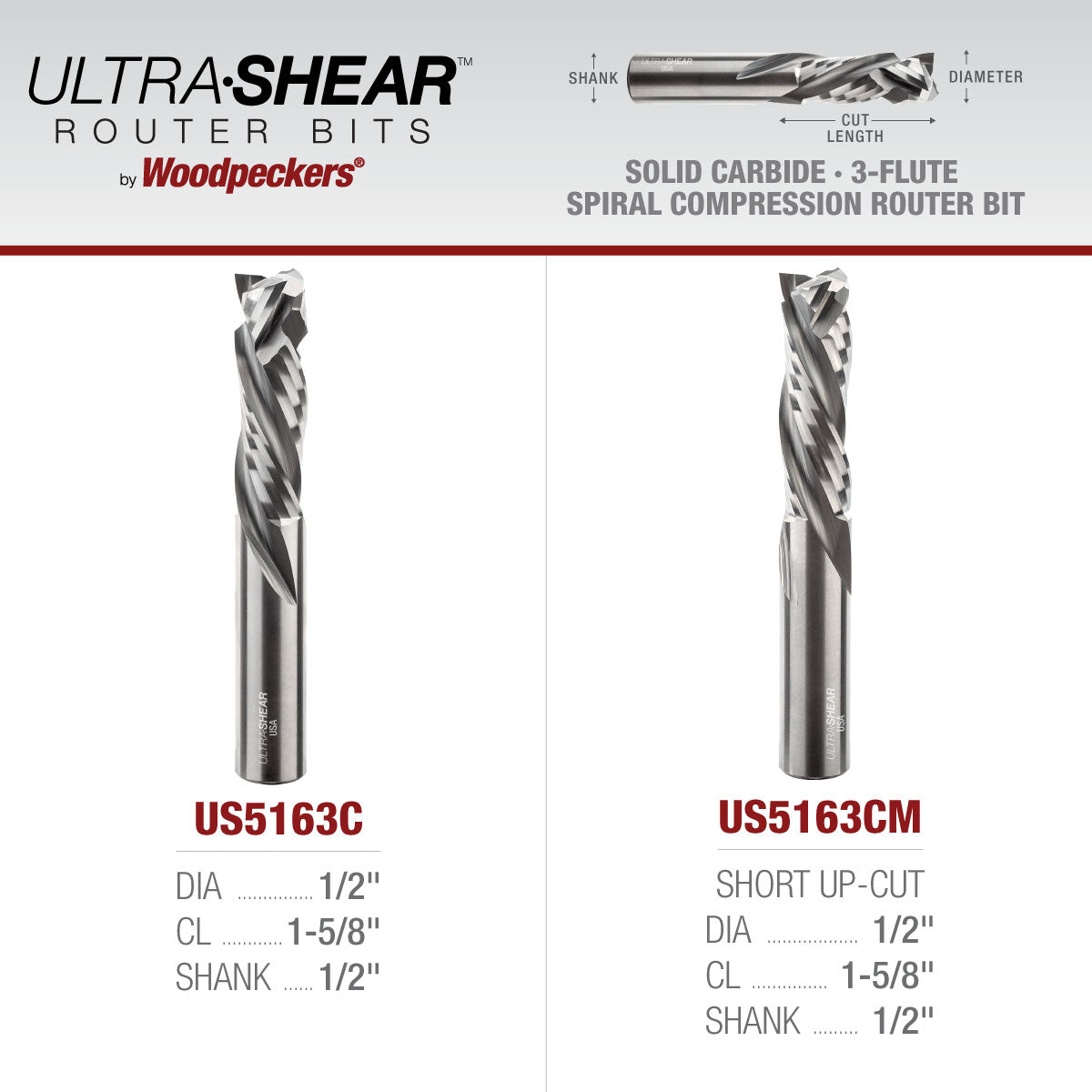 Compression CNC Router Bits - 1/2 Shank - Solid Carbide - 3 Flute