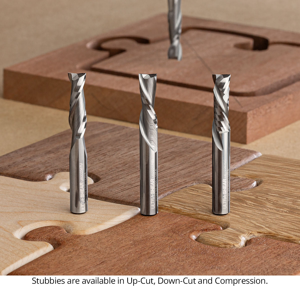 Spiral Stubby Square End CNC Router Bits - 1/4 Shank - Solid Carbide