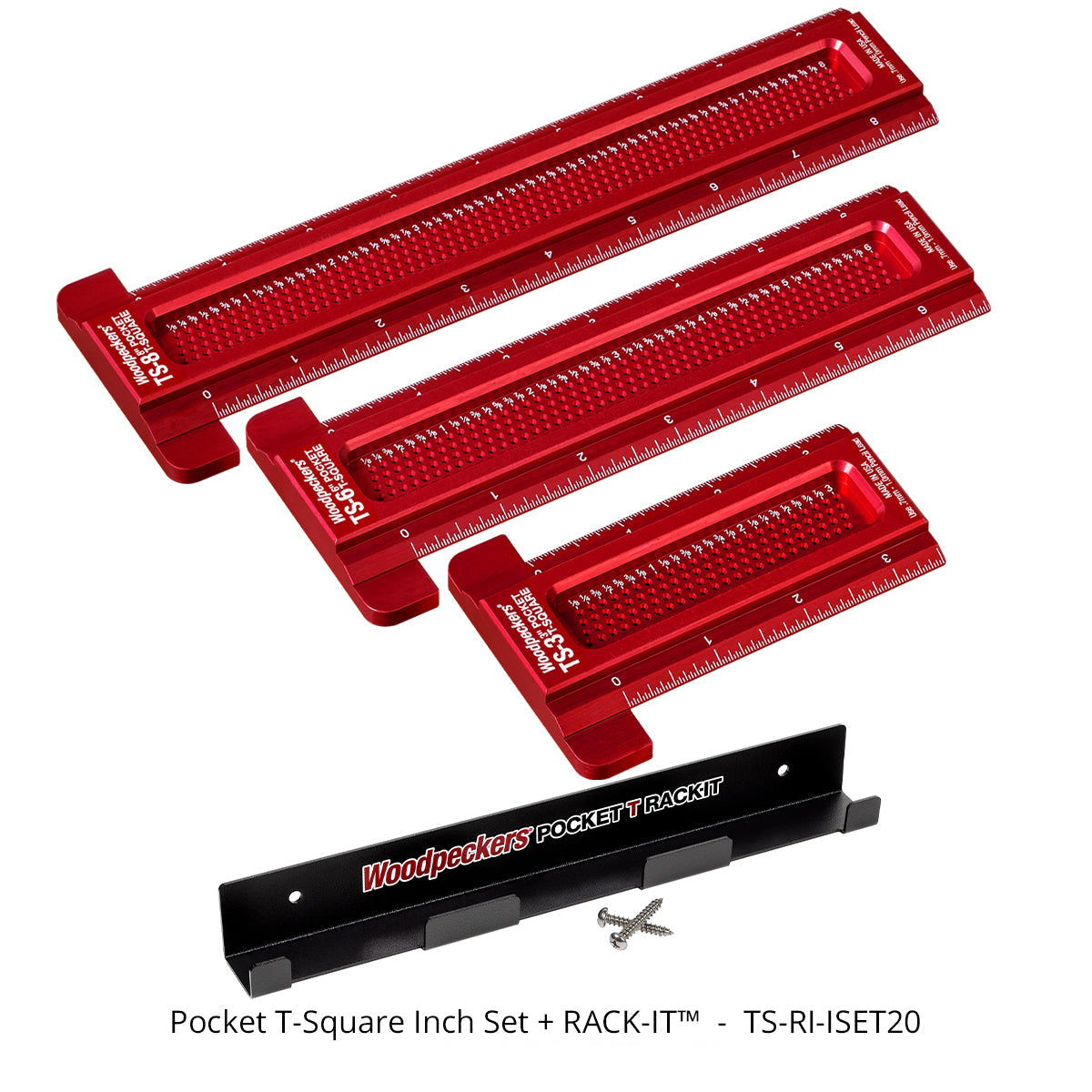 Red pocket T-square inch set with a black RACK-IT component on a white background