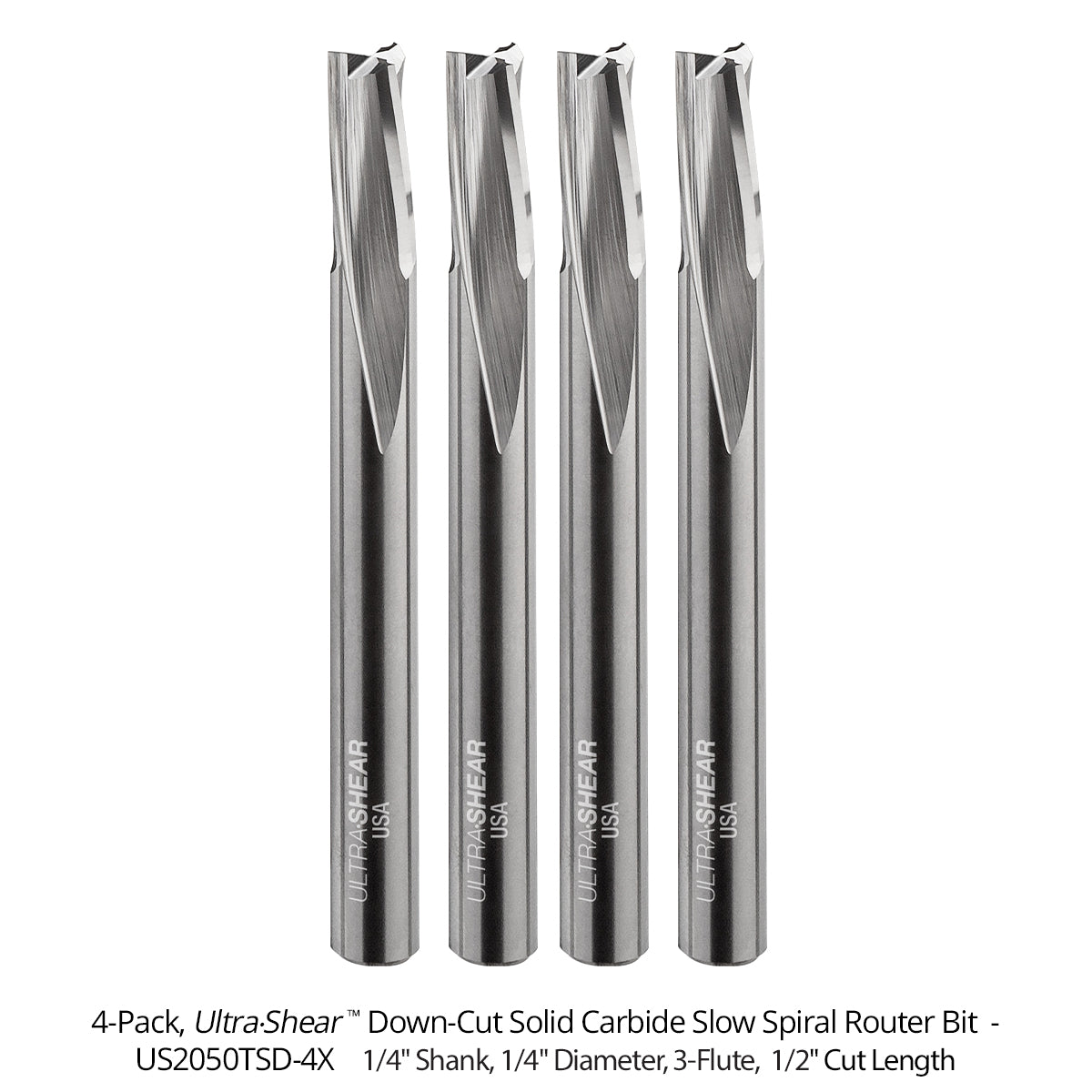 Slow Spiral CNC Router Bits - Solid Carbide - 1/4 Shank - 3 Flute