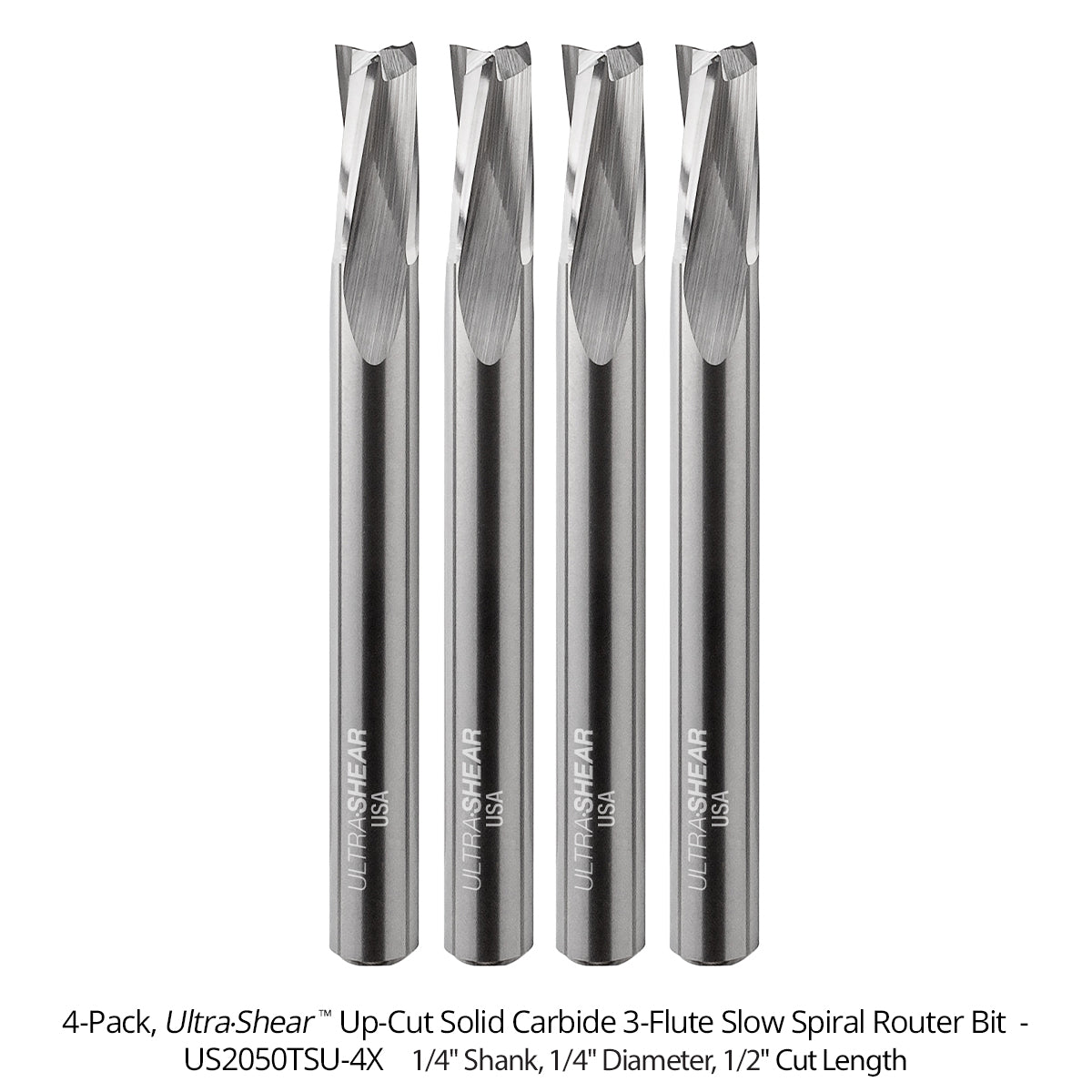 Slow Spiral CNC Router Bits - Solid Carbide - 1/4 Shank - 3 Flute