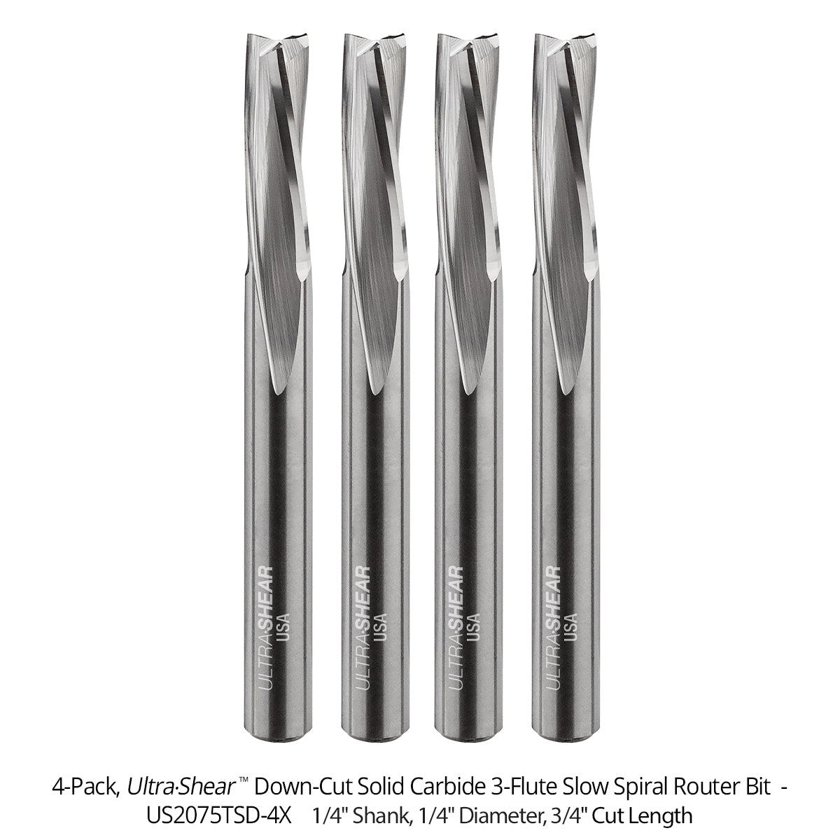 Slow Spiral CNC Router Bits - Solid Carbide - 1/4 Shank - 3 Flute