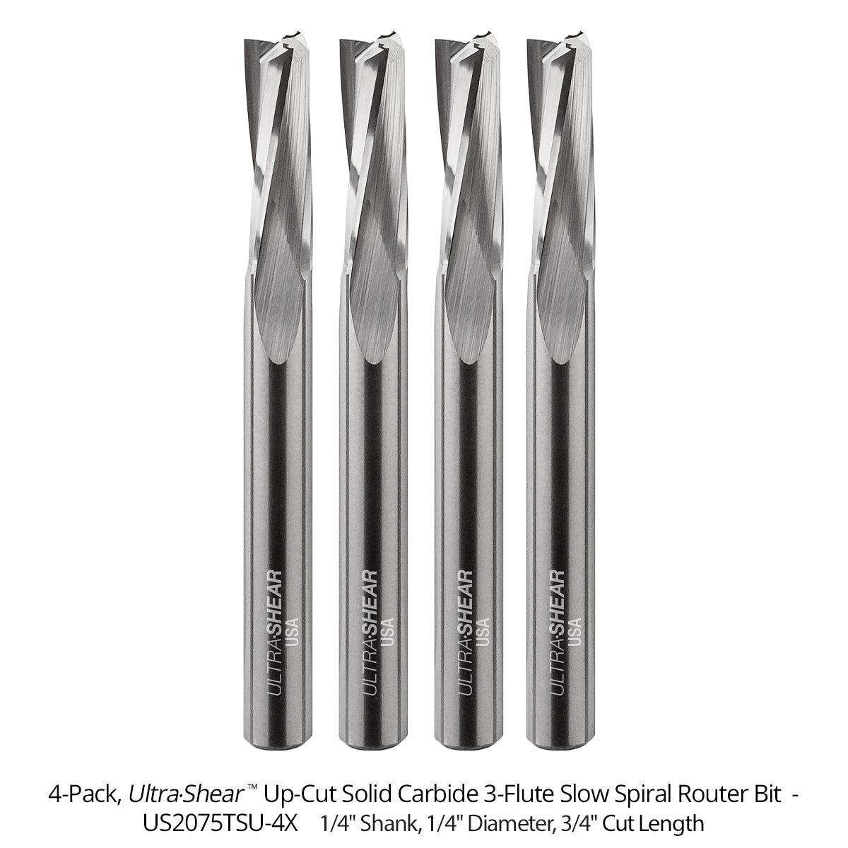 Slow Spiral CNC Router Bits - Solid Carbide - 1/4 Shank - 3 Flute