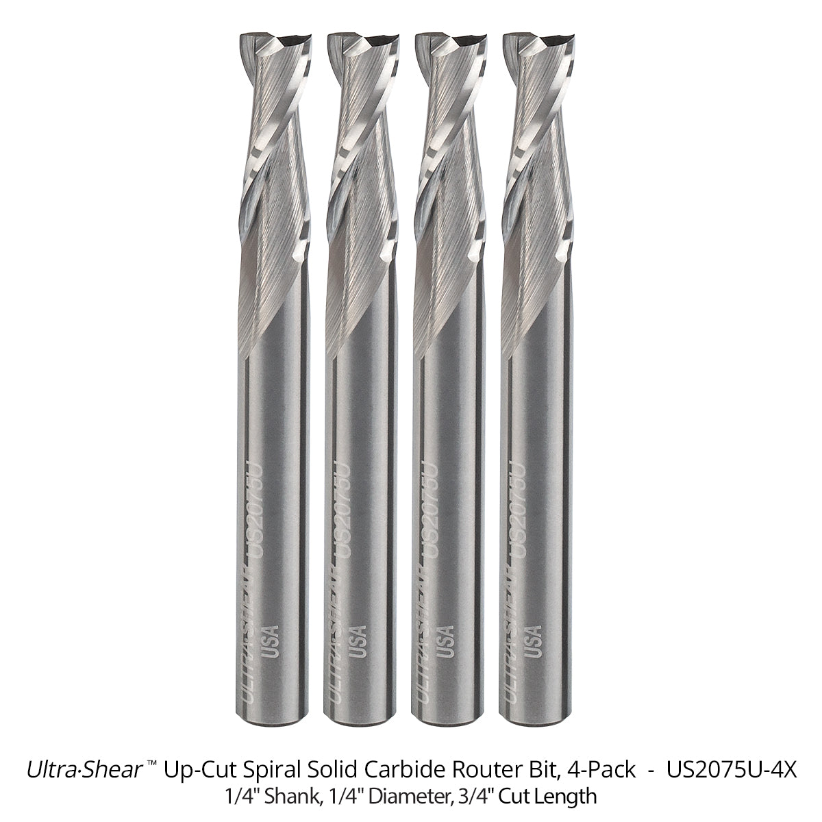 Spiral CNC Router Bits - Solid Carbide - 1/4 Shank - 2 Flute