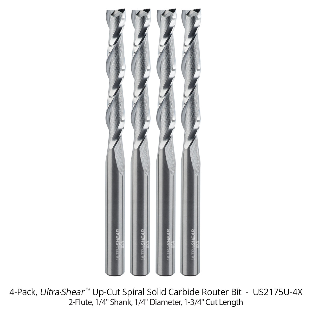 Spiral CNC Router Bits - Solid Carbide - 1/4 Shank - 2 Flute