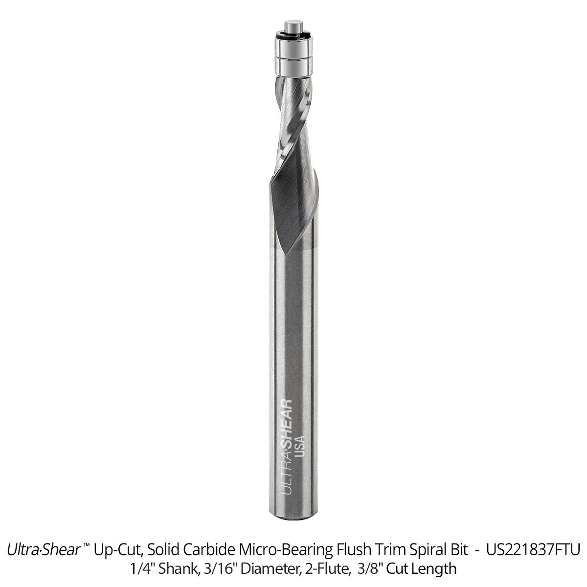 Micro Bearing Spiral Flush Trim Router Bits - 3/16 Diameter - 1/4 Shank - Solid Carbide