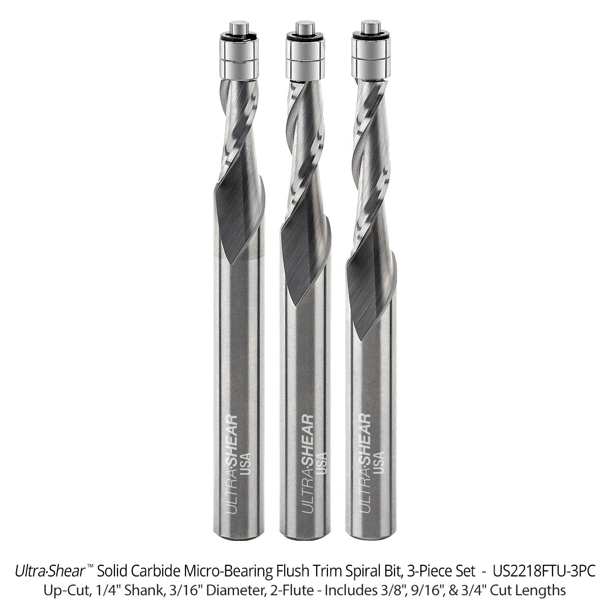 Micro Bearing Spiral Flush Trim Router Bits - 3/16 Diameter - 1/4 Shank - Solid Carbide