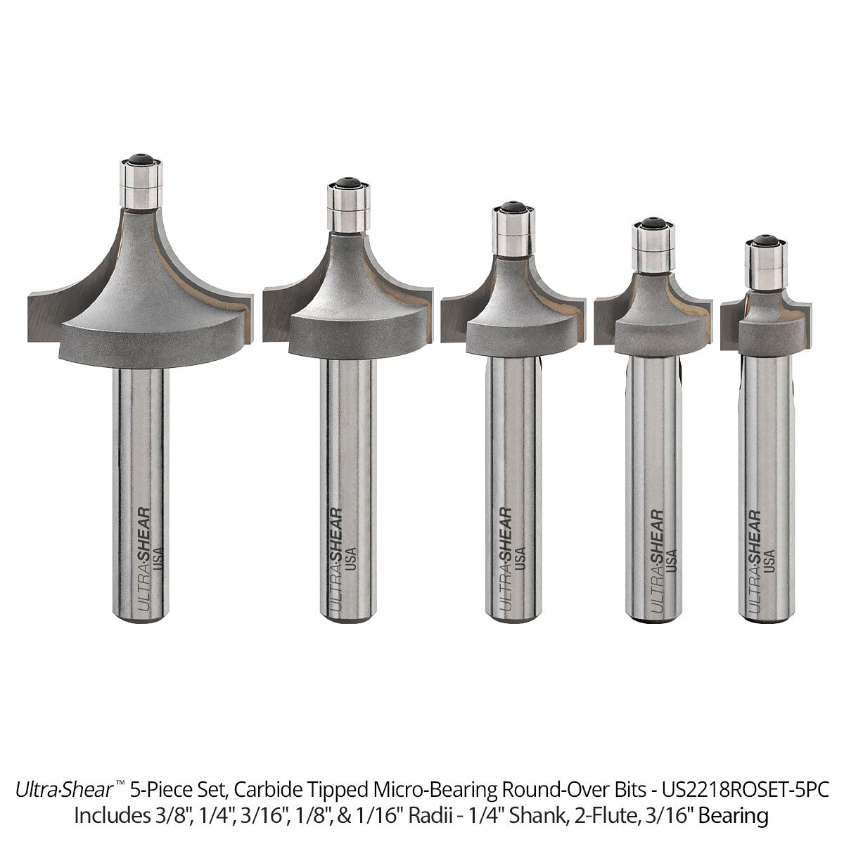 Micro Bearing Roundover Router Bits - 3/16 Bearing - 1/4 Shank - Carbide Tipped