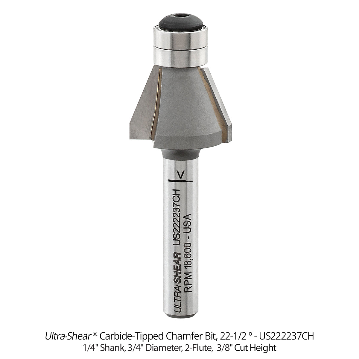 Carbide Tipped Double Bearing Chamfer Bit, 2-Flute and 3-Flute, 1/4" Shank