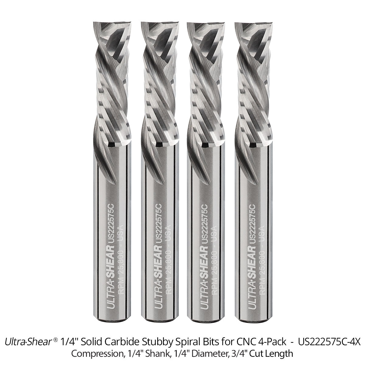 Spiral Stubby Square End CNC Router Bits - 1/4 Shank - Solid Carbide