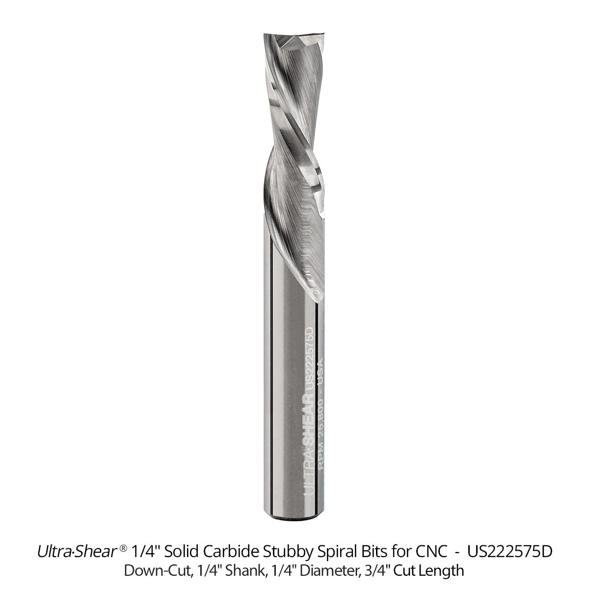 Spiral Stubby Square End CNC Router Bits - 1/4 Shank - Solid Carbide