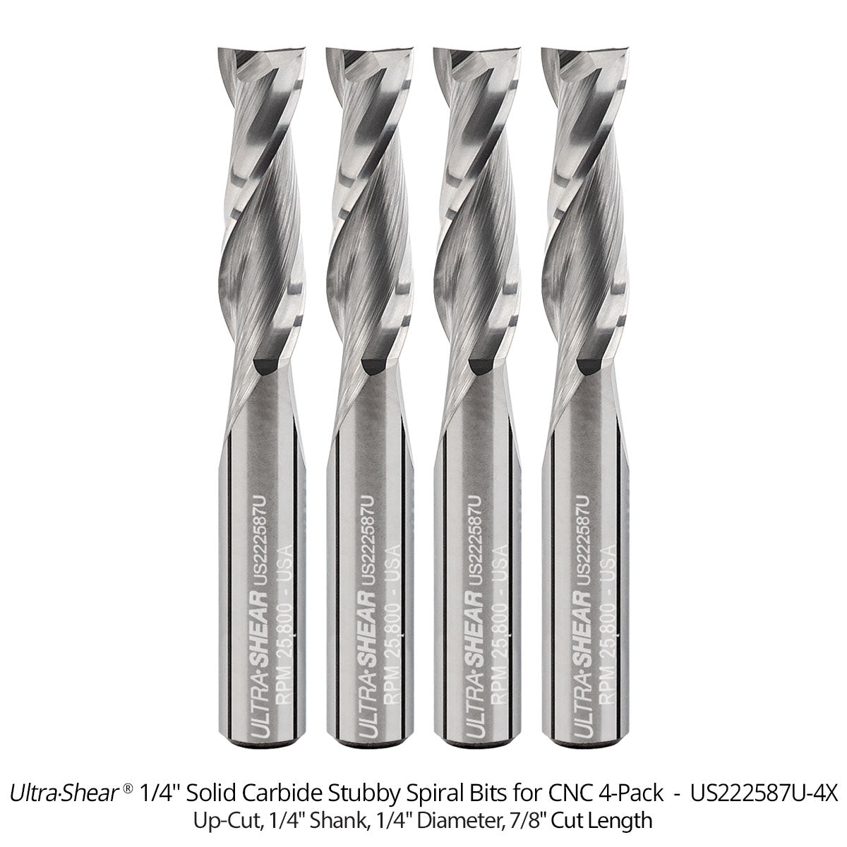 Spiral Stubby Square End CNC Router Bits - 1/4 Shank - Solid Carbide