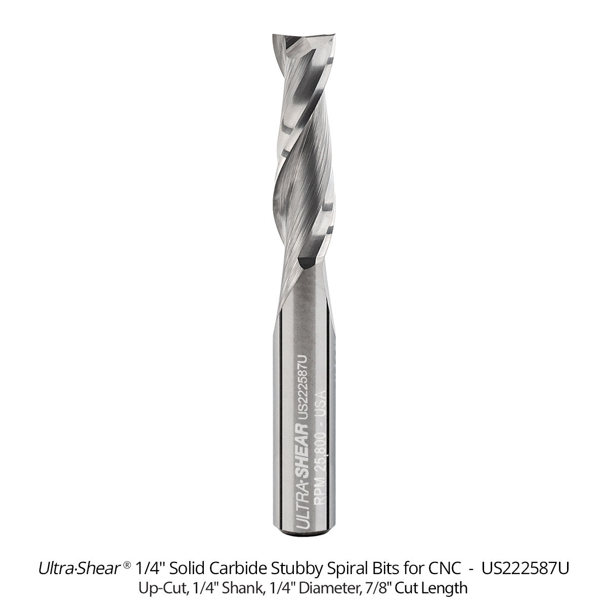 Spiral Stubby Square End CNC Router Bits - 1/4 Shank - Solid Carbide