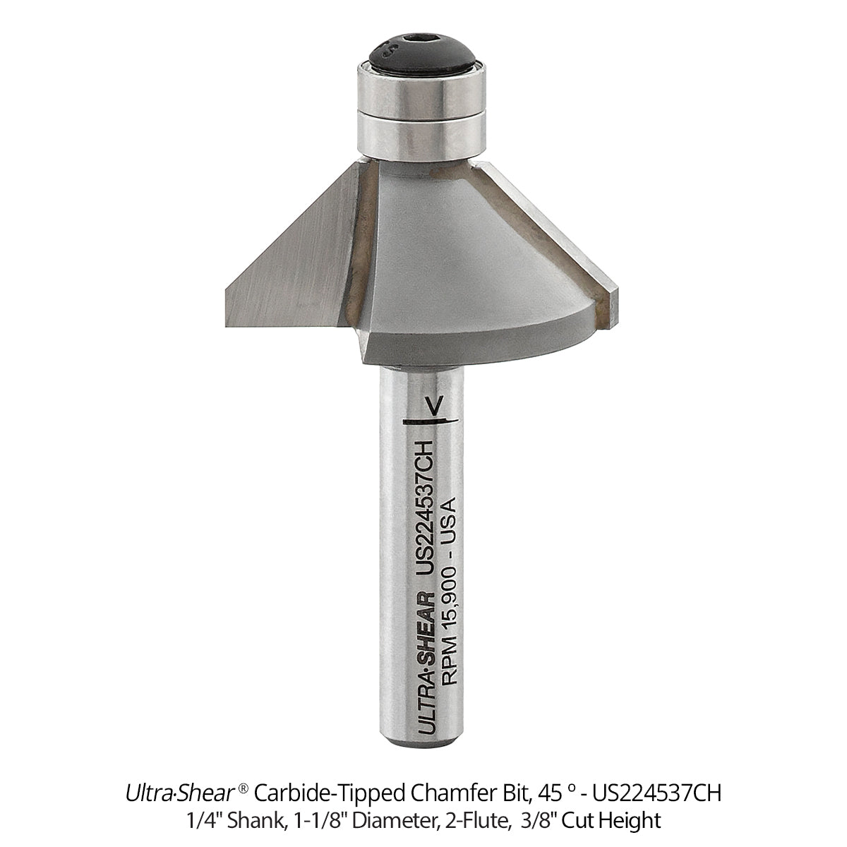 Carbide Tipped Double Bearing Chamfer Bit, 2-Flute and 3-Flute, 1/4" Shank