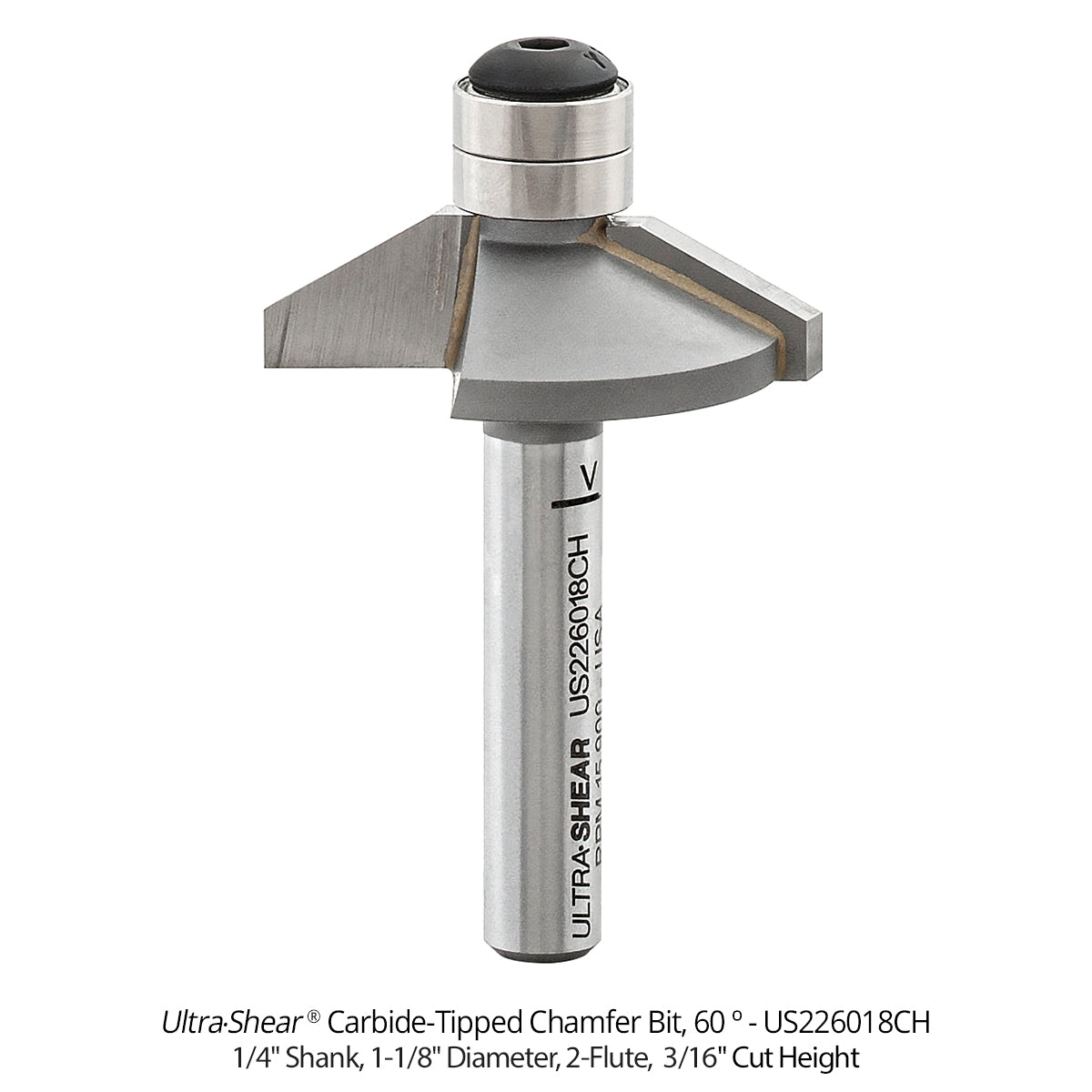 Carbide Tipped Double Bearing Chamfer Bit, 2-Flute and 3-Flute, 1/4" Shank