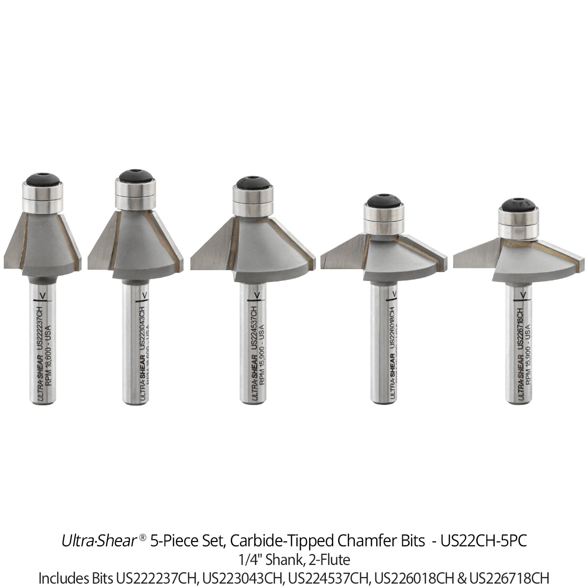 Chamfer Router Bits - 1/4 Shank - Carbide Tipped - Double Bearing