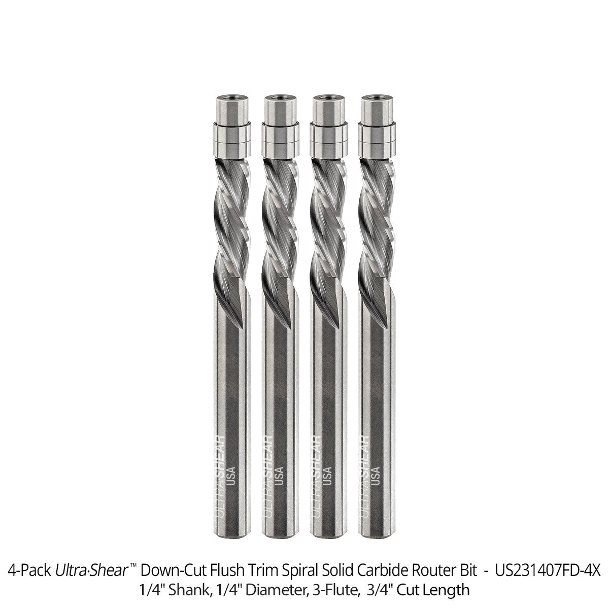 Flush Trim Router Bits - Solid Carbide - 1/4 Diameter - 3 Flute