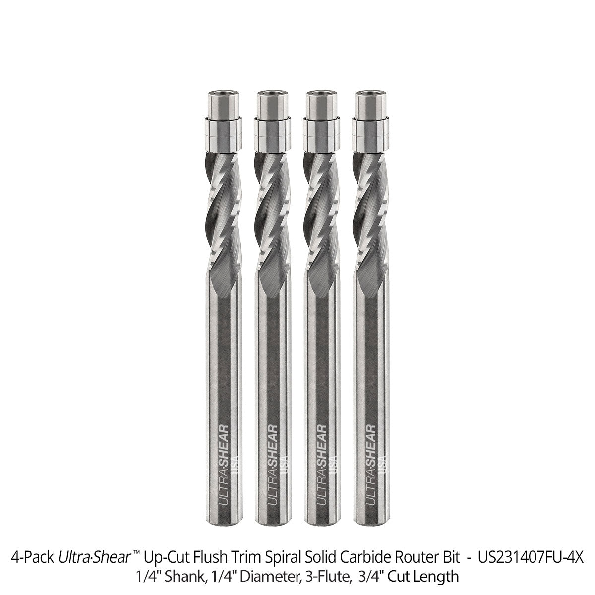 Flush Trim Router Bits - Solid Carbide - 1/4 Diameter - 3 Flute