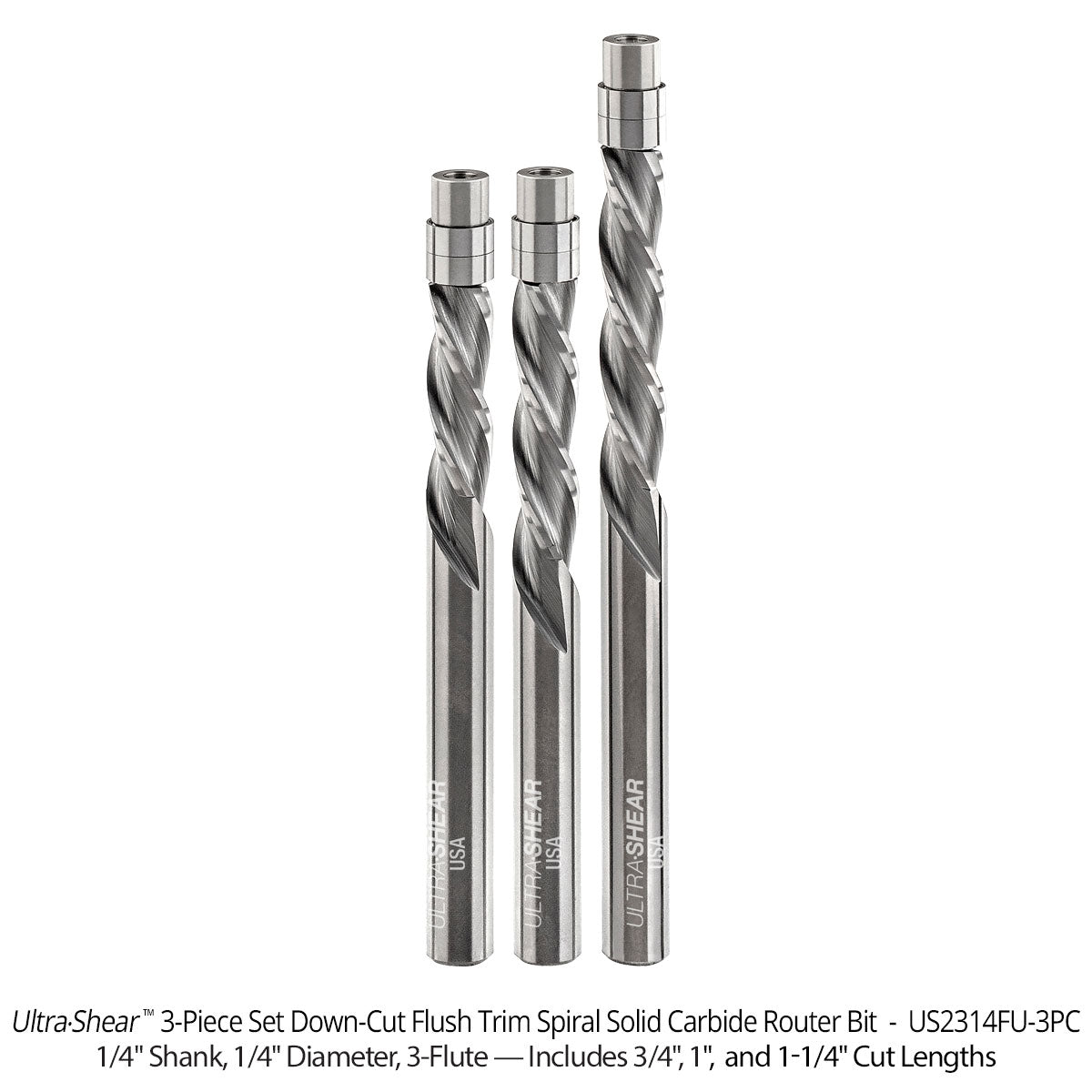 Flush Trim Router Bits - Solid Carbide - 1/4 Diameter - 3 Flute