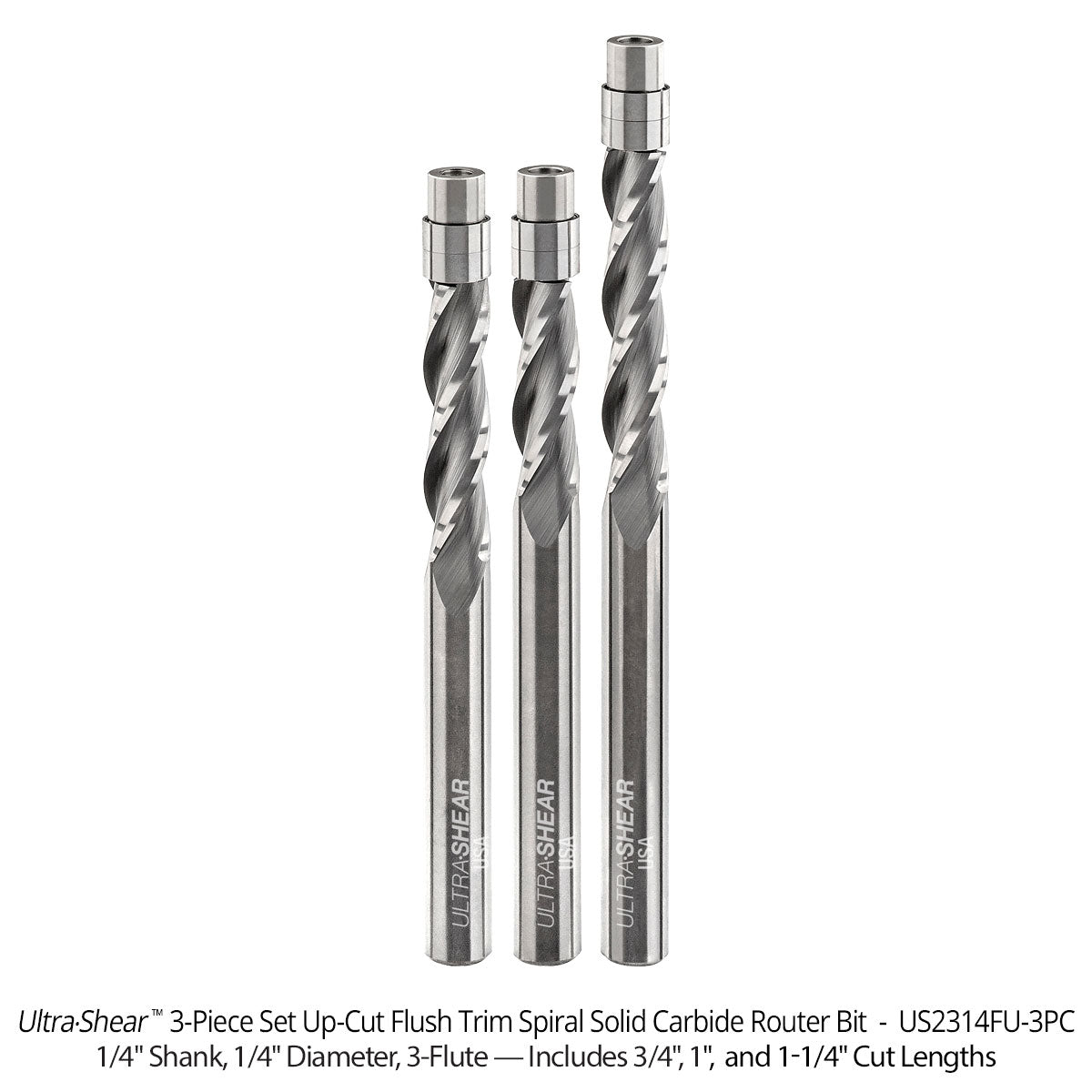Flush Trim Router Bits - Solid Carbide - 1/4 Diameter - 3 Flute