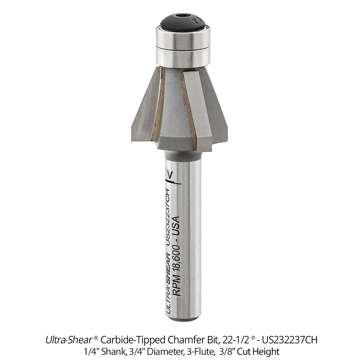 Carbide Tipped Double Bearing Chamfer Bit, 2-Flute and 3-Flute, 1/4" Shank