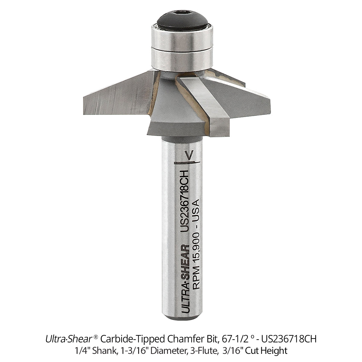 Carbide Tipped Double Bearing Chamfer Bit, 2-Flute and 3-Flute, 1/4" Shank