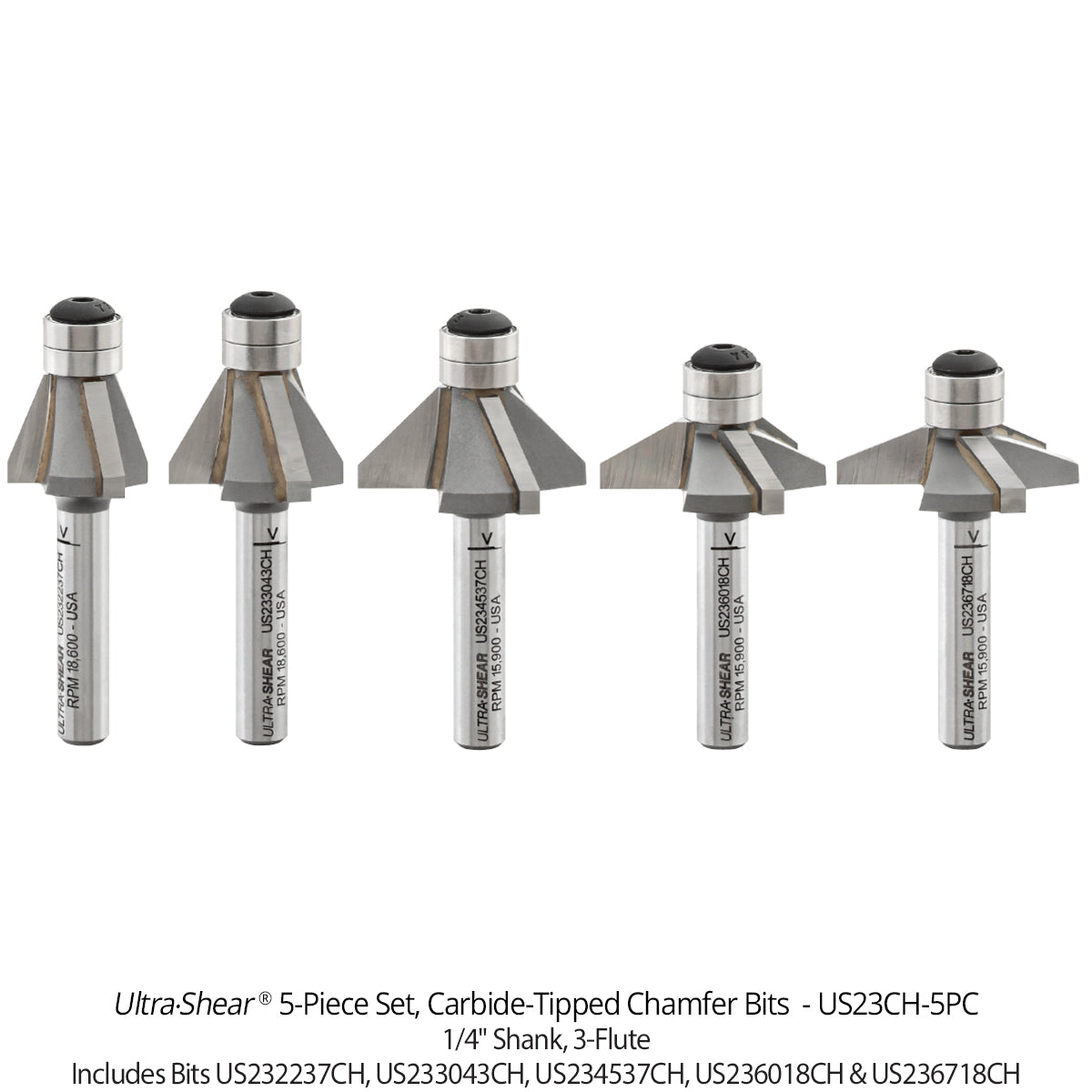 Chamfer Router Bits - 1/4 Shank - Carbide Tipped - Double Bearing