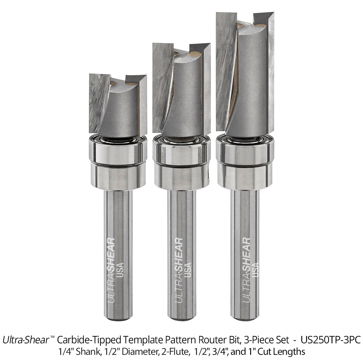 Template Pattern Router Bits - Carbide Tipped - 1/4 Shank - 1/2 Diameter - 2 Flute