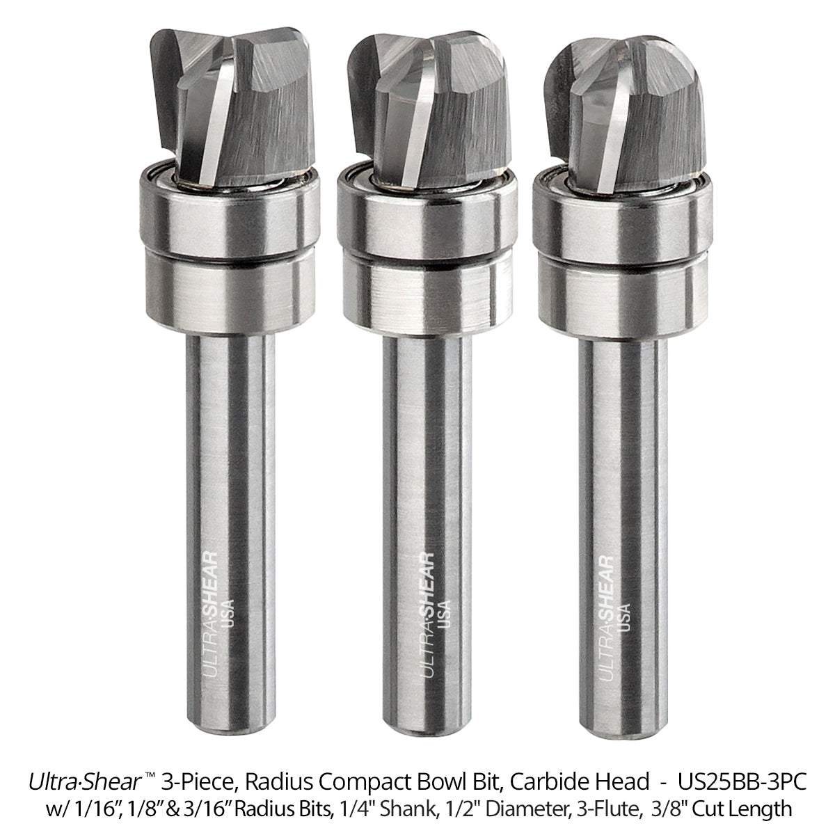 Compact Bowl Router Bits - Carbide Head - 3-Flute
