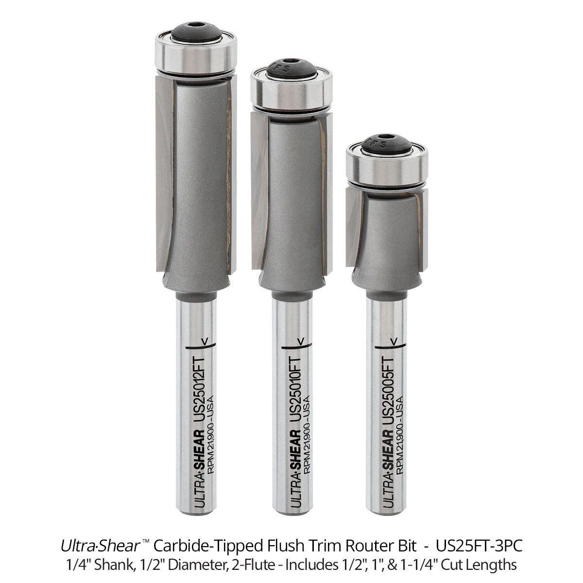 Flush Trim Router Bits - Carbide Tipped - 1/2 Diameter